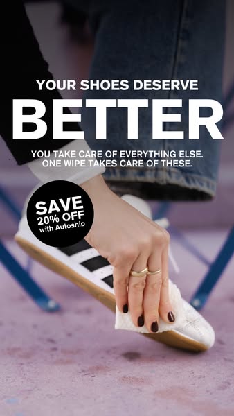 This image ad for shoe cleaner features a close-up of a person cleaning a white Adidas sneaker with a white wipe. The ad