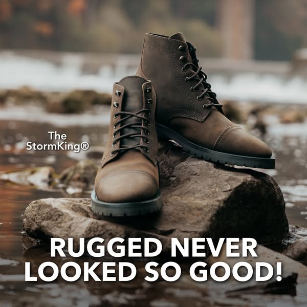 This image ad showcases a pair of brown leather boots from The Storm King brand, emphasizing their rugged yet stylish ap