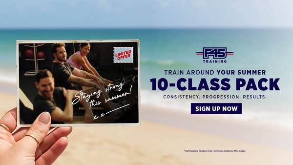 The ad is for F45 Training and features a 10-class pack for summer. It shows an image of people working out inside of a 