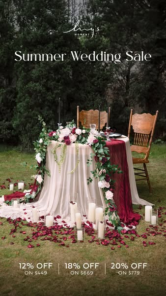 This image ad promotes a summer wedding sale from Ling's Moment. The ad features a wedding tablescape in a natural s
