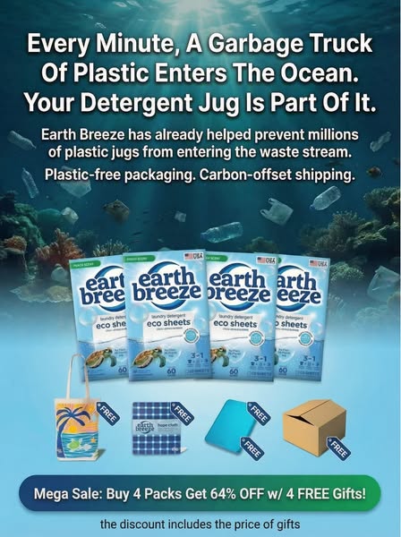 This image ad highlights the environmental impact of plastic detergent jugs and offers Earth Breeze laundry detergent sh