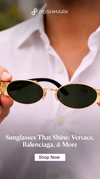 This ad showcases sunglasses from various high-end brands available on Poshmark. It features a close-up shot of someone 