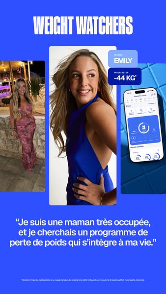 This image ad for Weight Watchers features a woman named Emily who lost 44kg using the program. The ad includes a before