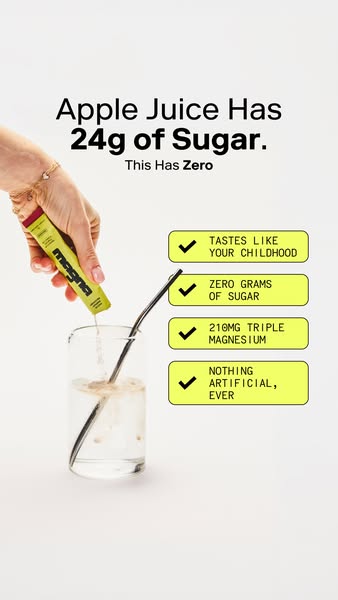 This ad highlights a low-sugar and magnesium-rich drink mix as a healthy alternative to apple juice, emphasizing its tas