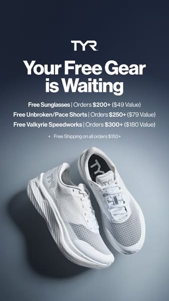 This ad by TYR promotes an offer of free gear depending on the order total. The ad highlights the brand's free sungl