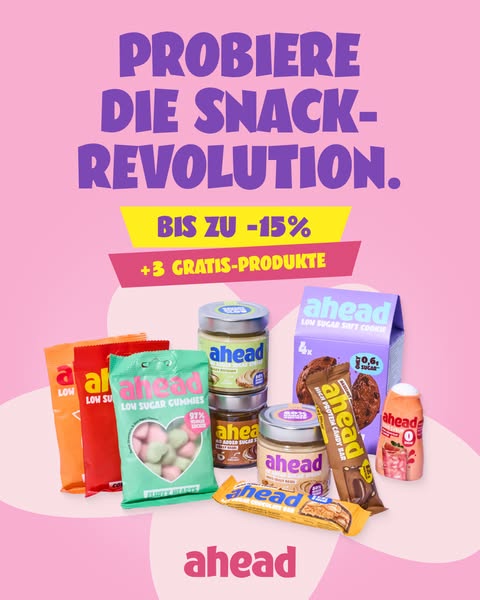 This image ad is for AHEAD brand snacks. It features an assortment of their snack products on a pink background, and pro