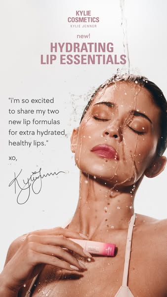 This ad promotes Kylie Cosmetics' Hydrating Lip Essentials, featuring Kylie Jenner herself. The ad includes a close-