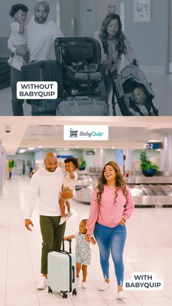 The ad shows a family traveling through the airport. The top half of the image shows the family struggling with all of t