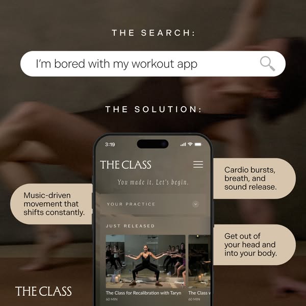 This ad presents "The Search" of being bored with the current workout app.  "The Solution" is presen