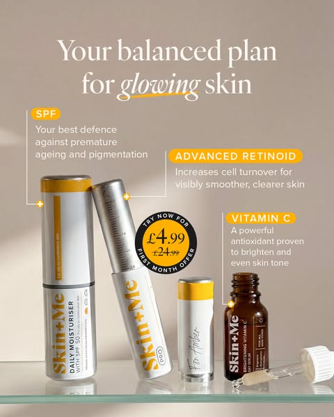 An ad for Skin+Me features four products with text callouts about their benefits and a discount offer for new customers.