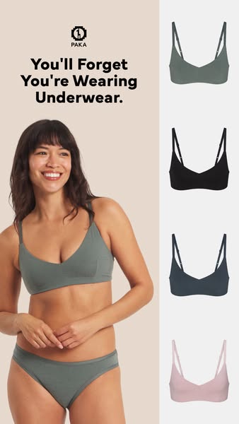 This image ad for PAKA apparel features a woman wearing a matching bra and underwear set. The text emphasizes the comfor