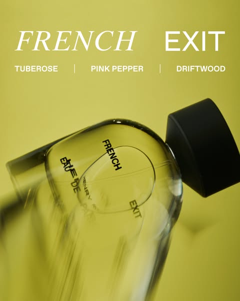 This ad showcases a bottle of "French Exit" Eau de Parfum by Henry Rose, highlighting key scent notes such as 
