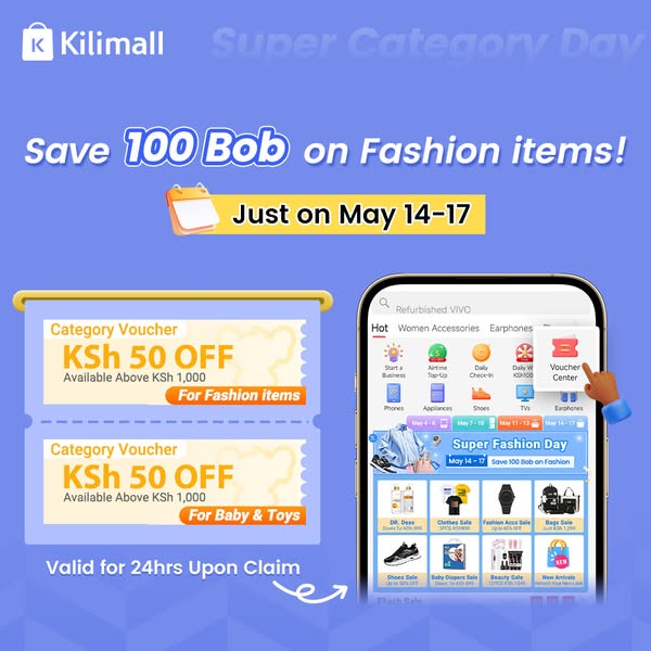 This ad promotes Kilmall's Super Category Day with discounts on fashion items and baby & toys. It features categ
