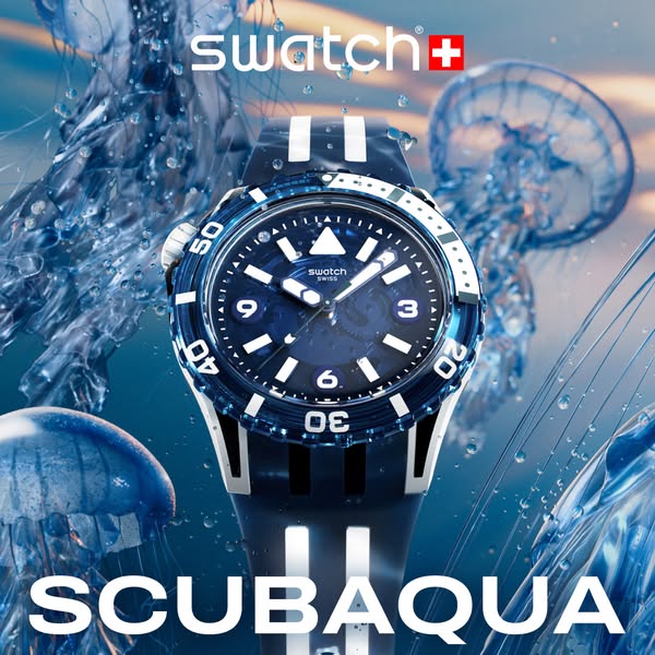 This image ad showcases the Swatch SCUBAQUA watch surrounded by water and jellyfish.