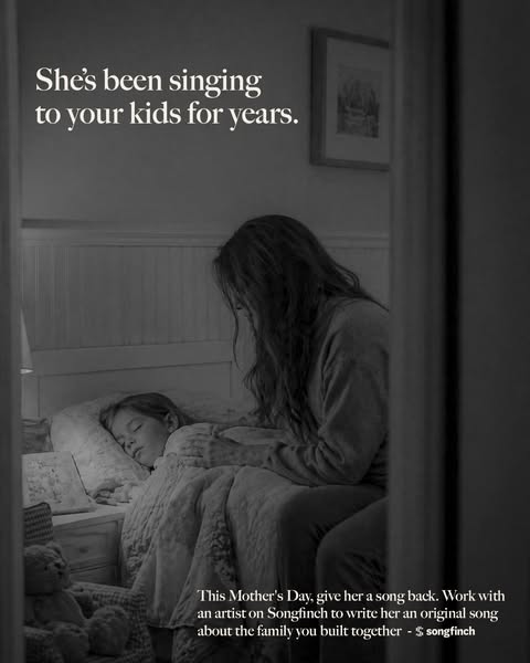 A black and white image ad promotes Songfinch as a Mother's Day gift. A woman sits on the side of her child's be