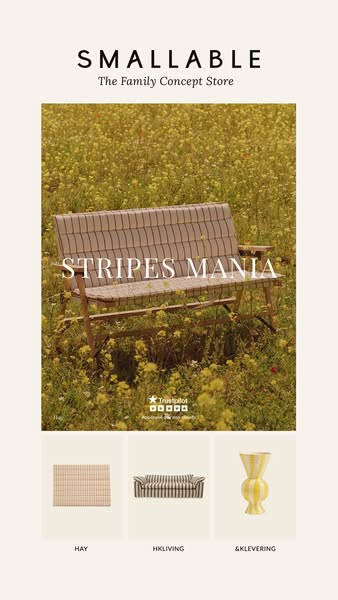 This ad for Smallable features a primary image of a striped bench surrounded by a field of yellow flowers. Below the pri