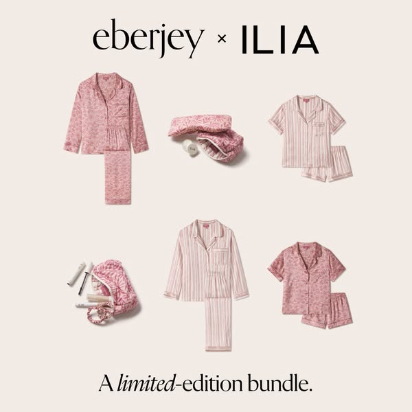 This ad features a visual product showcase, highlighting a limited-edition bundle from Eberjey and ILIA. It presents var