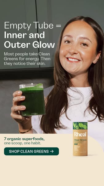 This image ad for Rheal Clean Greens features a woman holding a glass of the green drink. The ad focuses on the benefits