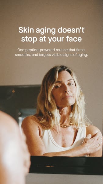 An image ad for a peptide-powered skin routine. The ad highlights that skin aging doesn't stop at the face and promo