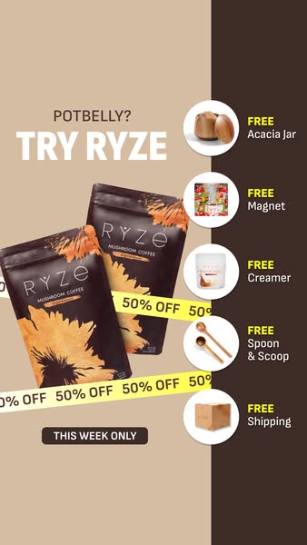 This ad promotes Ryze mushroom coffee. The image emphasizes the benefits of the product through a health-focused headlin