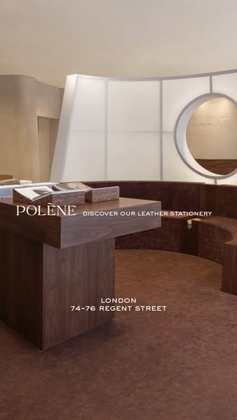 This image ad for Polène promotes its leather stationery. The image features a retail location.