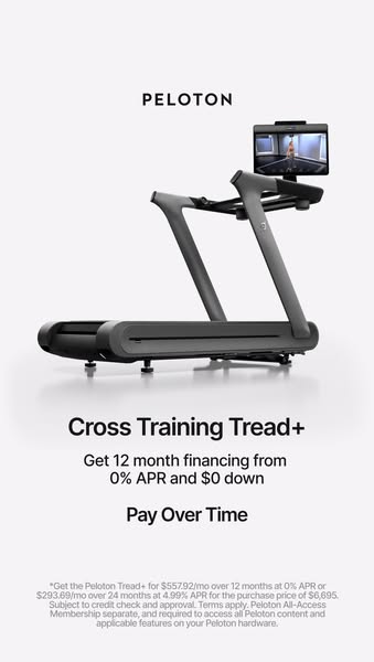 This image ad presents the Peloton Tread+ and highlights a limited time financing offer. The ad features a sleek image o