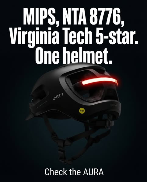 This image ad promotes the AURA helmet, highlighting its safety ratings and design.
