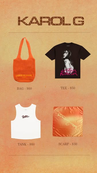 This ad promotes a collection of apparel and accessories associated with Karol G, and lists each item individually with 