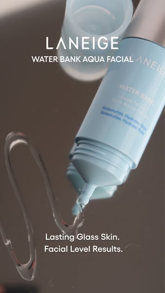 This ad showcases Laneige's Water Bank Aqua Facial product. It highlights the product's texture and promises las