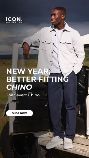 This ad showcases a man wearing the Severo Chino by Icon Amsterdam.