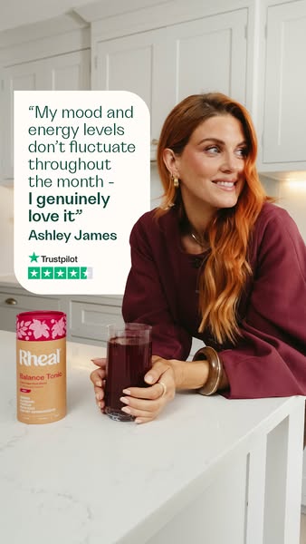 This ad features a testimonial from Ashley James about how Rheal's Balance Tonic has helped stabilize her mood and e