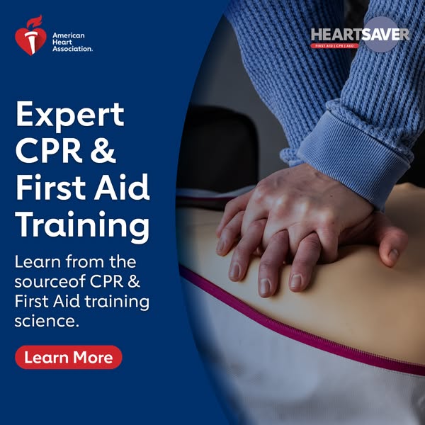 This ad promotes expert CPR and first aid training offered by the American Heart Association.
