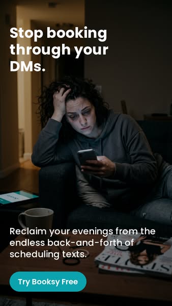 This ad highlights the time-consuming nature of managing bookings through DMs and positions Booksy as the solution to st