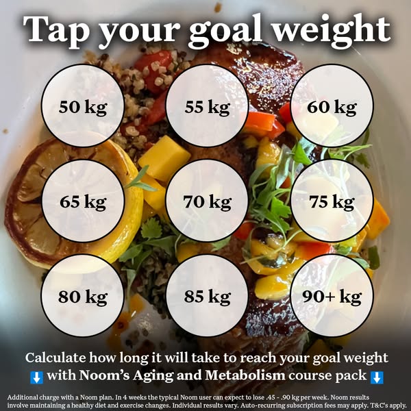 This image ad encourages users to calculate how long it will take to reach their goal weight with Noom's Aging and M
