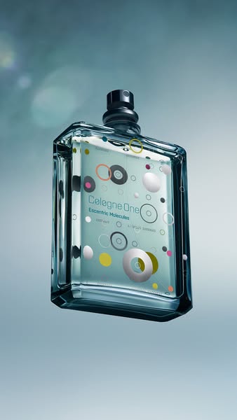 This image shows a bottle of Cologne One, from Escentric Molecules. The bottle is in the center of the frame and is floa