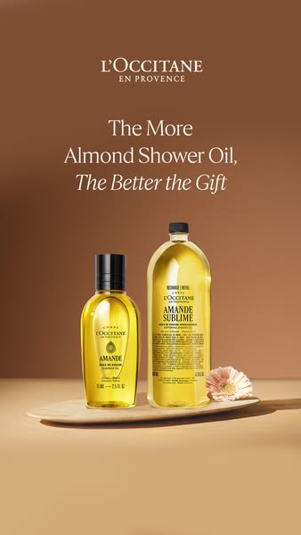 This image ad promotes L'Occitane's Almond Shower Oil, highlighting the product as a desirable gift. The ad feat