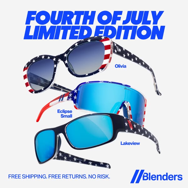 This image ad showcases Blenders Eyewear's Fourth of July Limited Edition sunglasses. The ad highlights three differ