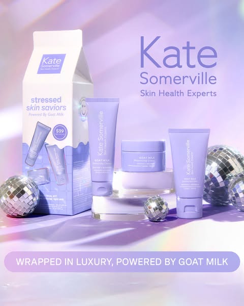 This image ad showcases Kate Somerville's goat milk skincare products, emphasizing luxury and effectiveness in solvi