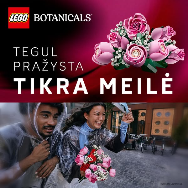 This image ad for LEGO Botanicals features a couple in the rain holding a bouquet of LEGO flowers. The ad promotes the i