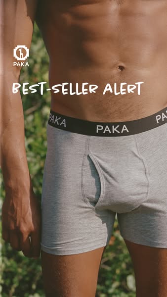 This image ad showcases PAKA underwear, highlighting it as a best-seller, set against a blurred natural background.