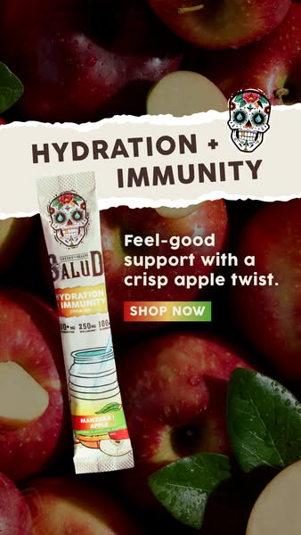 This ad promotes a Salud hydration and immunity drink mix. The image uses a background of apples with a white tearaway p