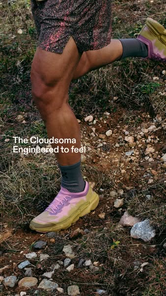 This ad showcases On's Cloudsoma shoes in an outdoor setting, highlighting their design and suitability for trail ru