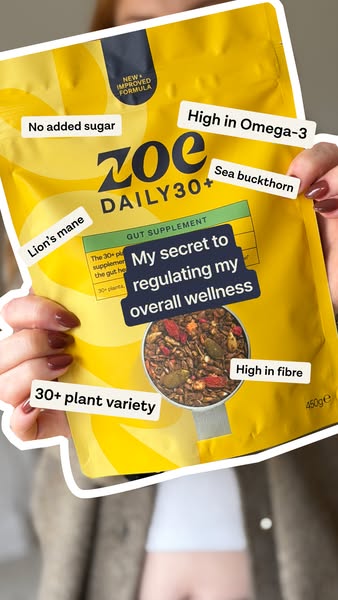This ad for Zoe Daily 30+ Gut Supplement highlights a woman holding the product and pointing out key features and benefi