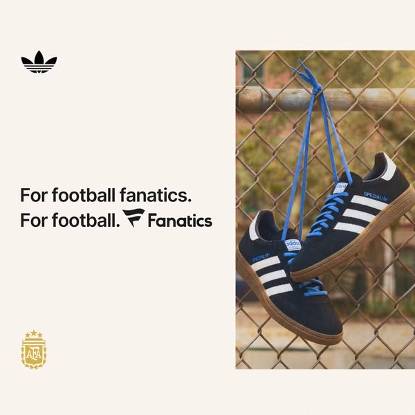An Adidas ad promoting their products to football fanatics. The ad shows a pair of Adidas shoes hanging on a fence with