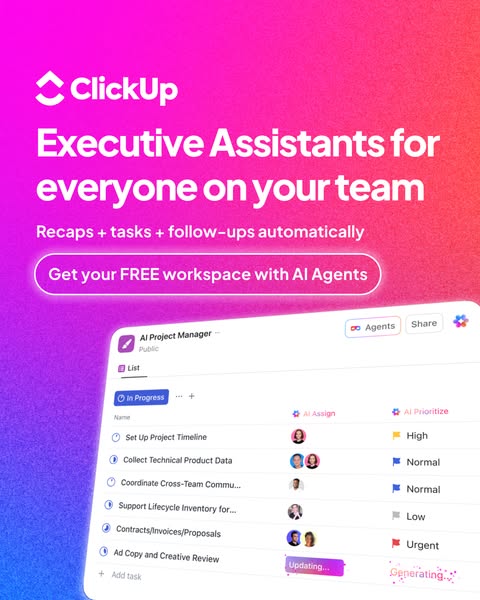 This ad promotes ClickUp's AI assistant features, highlighting how they can automate tasks and follow-ups for teams.