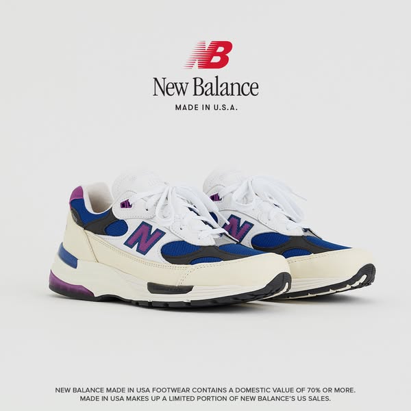 This image showcases New Balance shoes, highlighting the brand and the 'Made in U.S.A.' quality.