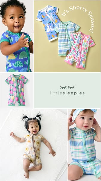 The ad features a collage of Little Sleepies baby clothes with the headline 'It's Shorty Season!'