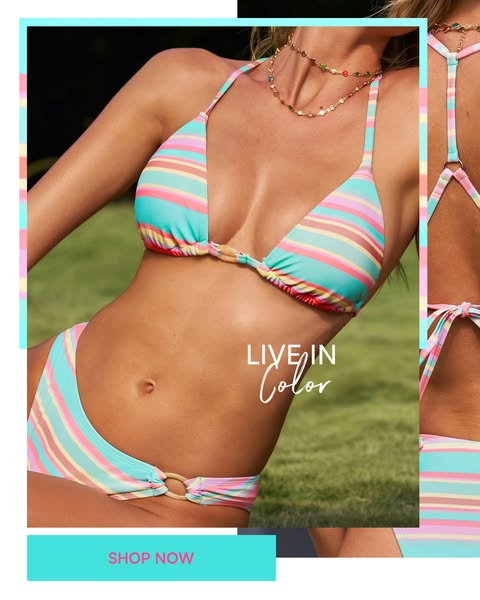 This ad features a woman wearing a colorful striped bikini. The ad promotes the bikini with the text "LIVE IN Color