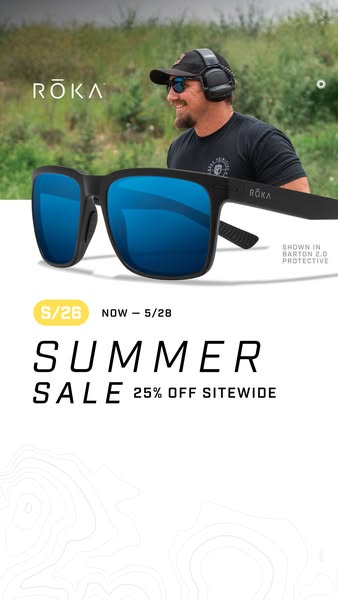 This ad for ROKA sunglasses features a man wearing the sunglasses, set against a background of a field. The ad promotes 