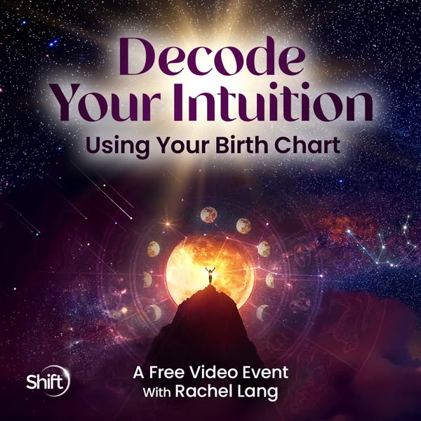 This ad is for a free video event with Rachel Lang where viewers can learn to decode their intuition using their birth c
